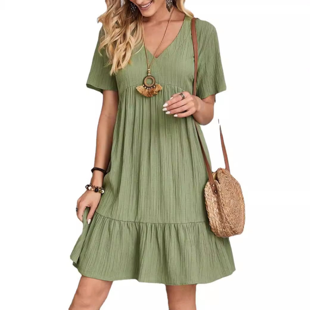 Loose Casual Short Sleeve High Waist Dress for Women Elegant Flowy Design Available in Red Green Black Wholesale Sizes S