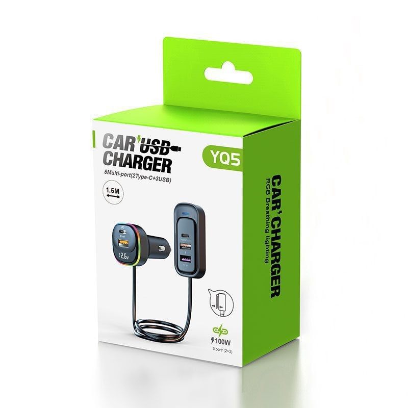 Cross-border YQ5 car charger super fast charging multi-function car rear line multi-port charger PD car charger