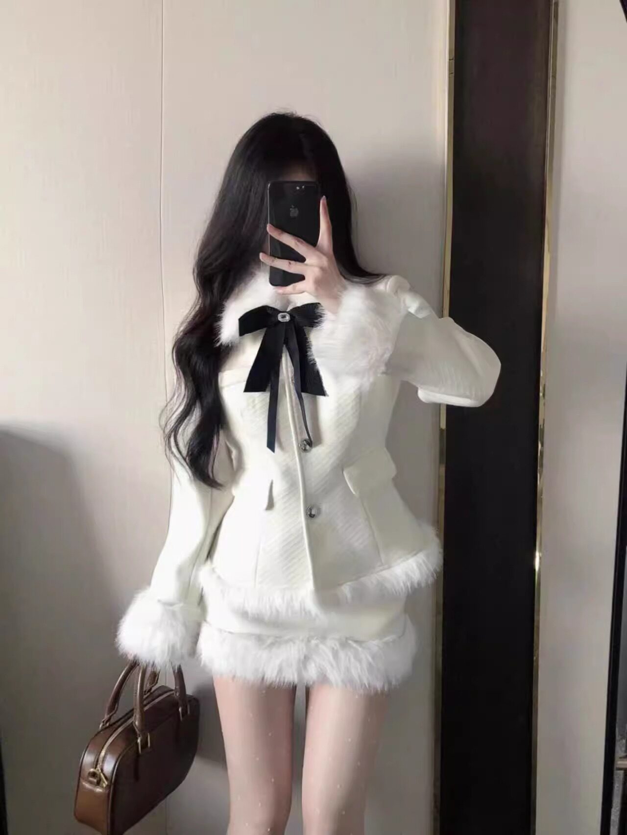 Korean Drama Daughter Big Miss Tight Waist Slimming Woolen Coat Overskirt suit Women's cotton and thickening Warm Two-piece Set