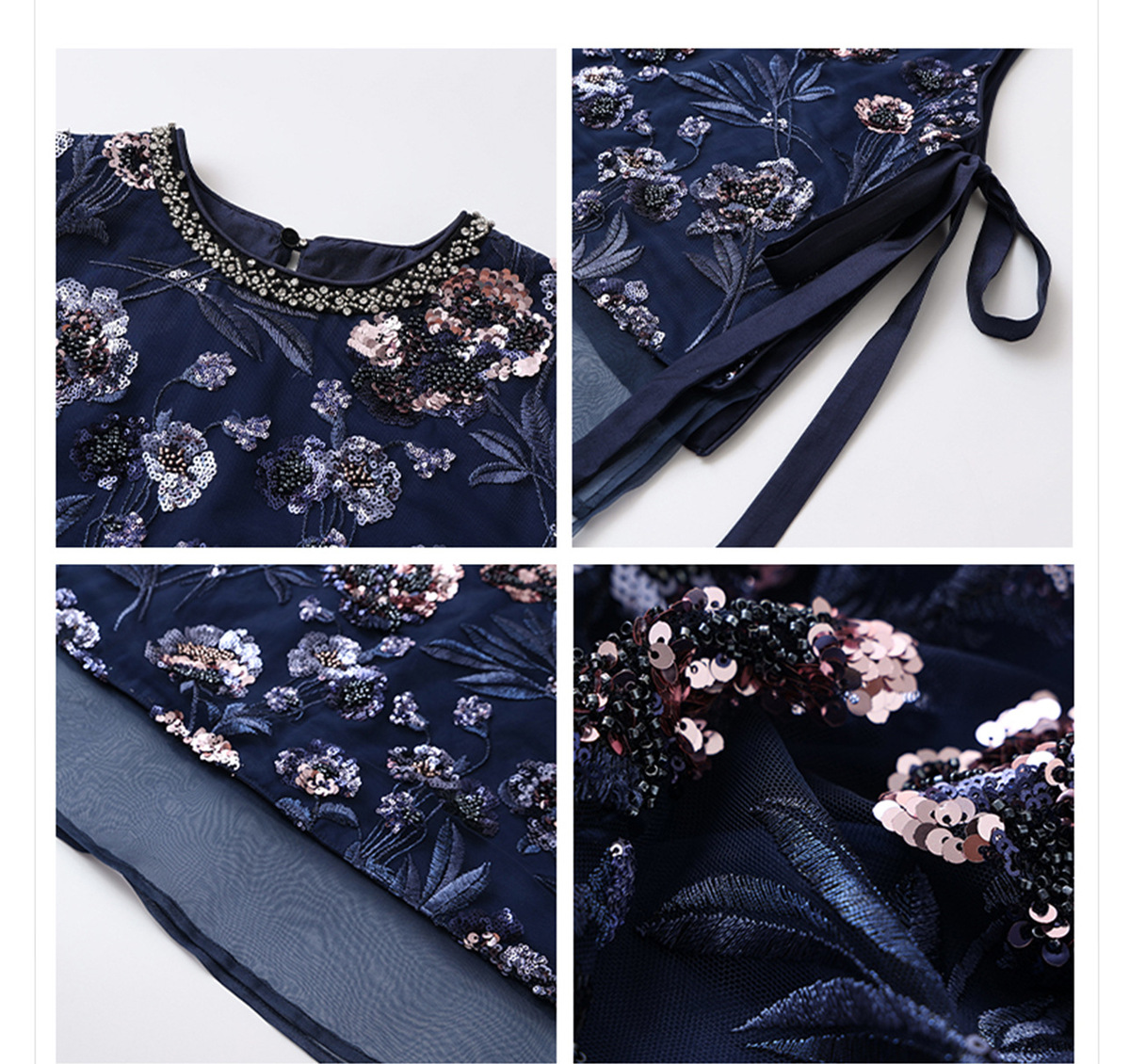 Áo vest nữ thêu cườm đính đá cổ tròn phối hoa văn — Jiyue Blue (giao hàng trong 7 ngày), Jiyue Blue (phát hành cùng ngày)