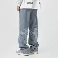 European and American Ins Cross Patch Hip Hop Jeans Men's Edgy Streetwear Straight Loose Wide Leg Trousers Trendy