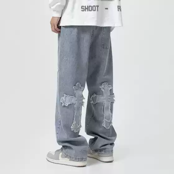 European and American Ins Cross Patch Hip Hop Jeans Men's Edgy Streetwear Straight Loose Wide Leg Trousers Trendy