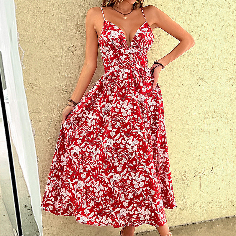 Red Floral Print Maxi Dress Summer Vacation Style Perfect for Dates and Parties Available for Wholesale
