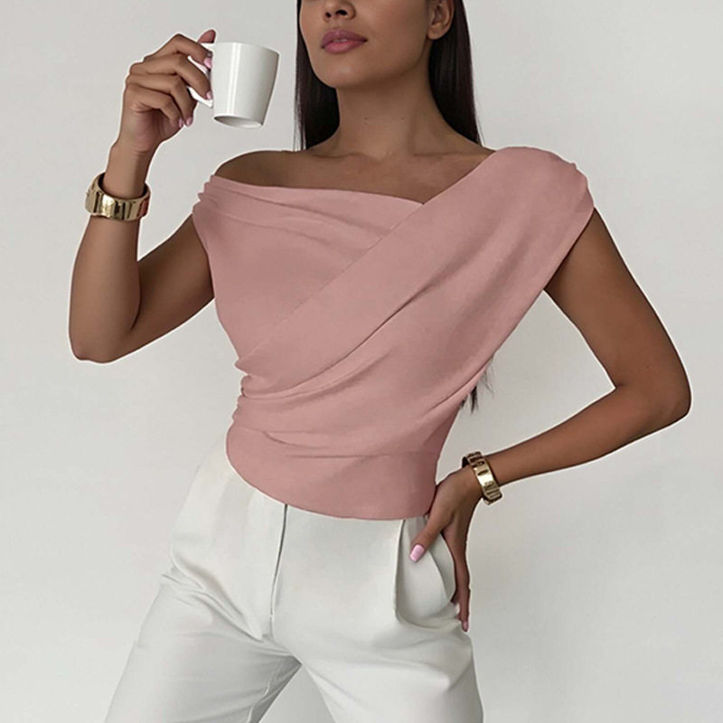 Womens Spring Short Top Fashionable Solid Color Asymmetrical Neckline Ruffled Design Casual Wear Wholesale