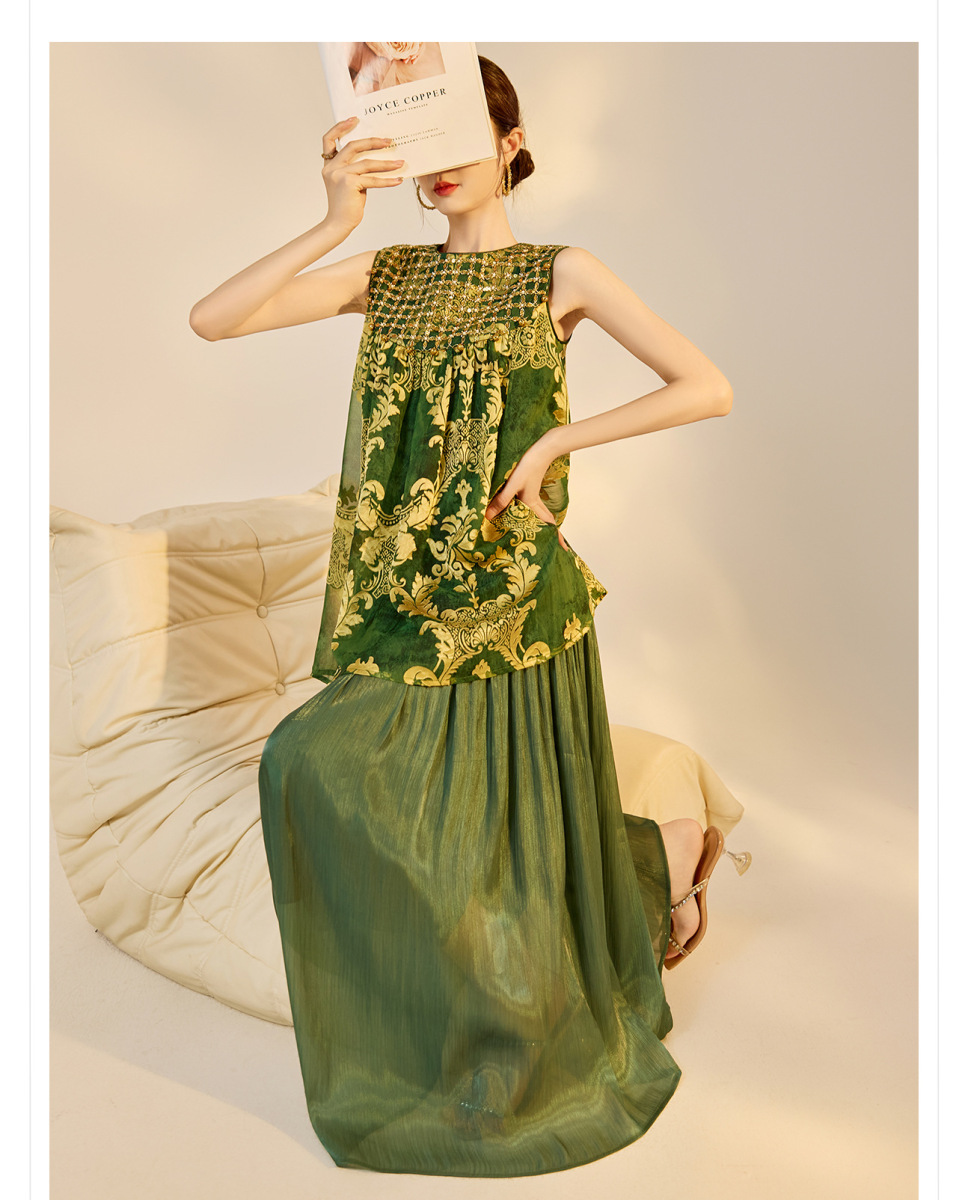 Đầm maxi nữ dài không tay cổ tròn đính cườm thêu hoa dáng tiên nữ — màu vàng kim, Xanh lá cây