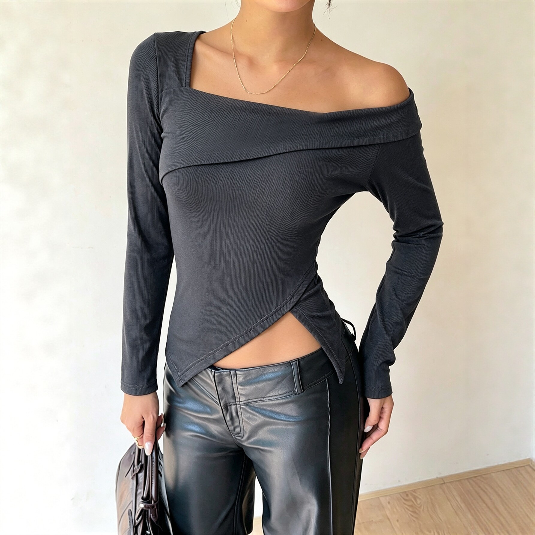Asymmetrical Cutout Long Sleeve T Shirt for Women Slim Fit Off Shoulder Trendy Design Casual Wear Party Style