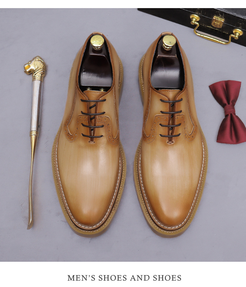 Giày Oxford nam da bò đế dày chạm khắc brogue mũi tròn — màu đen, Màu be