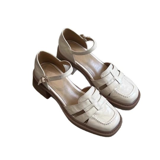 Commuting Version Retro Off-White Roman Toe Sandals with French Retro Summer New Thick Heel Shoes for Women