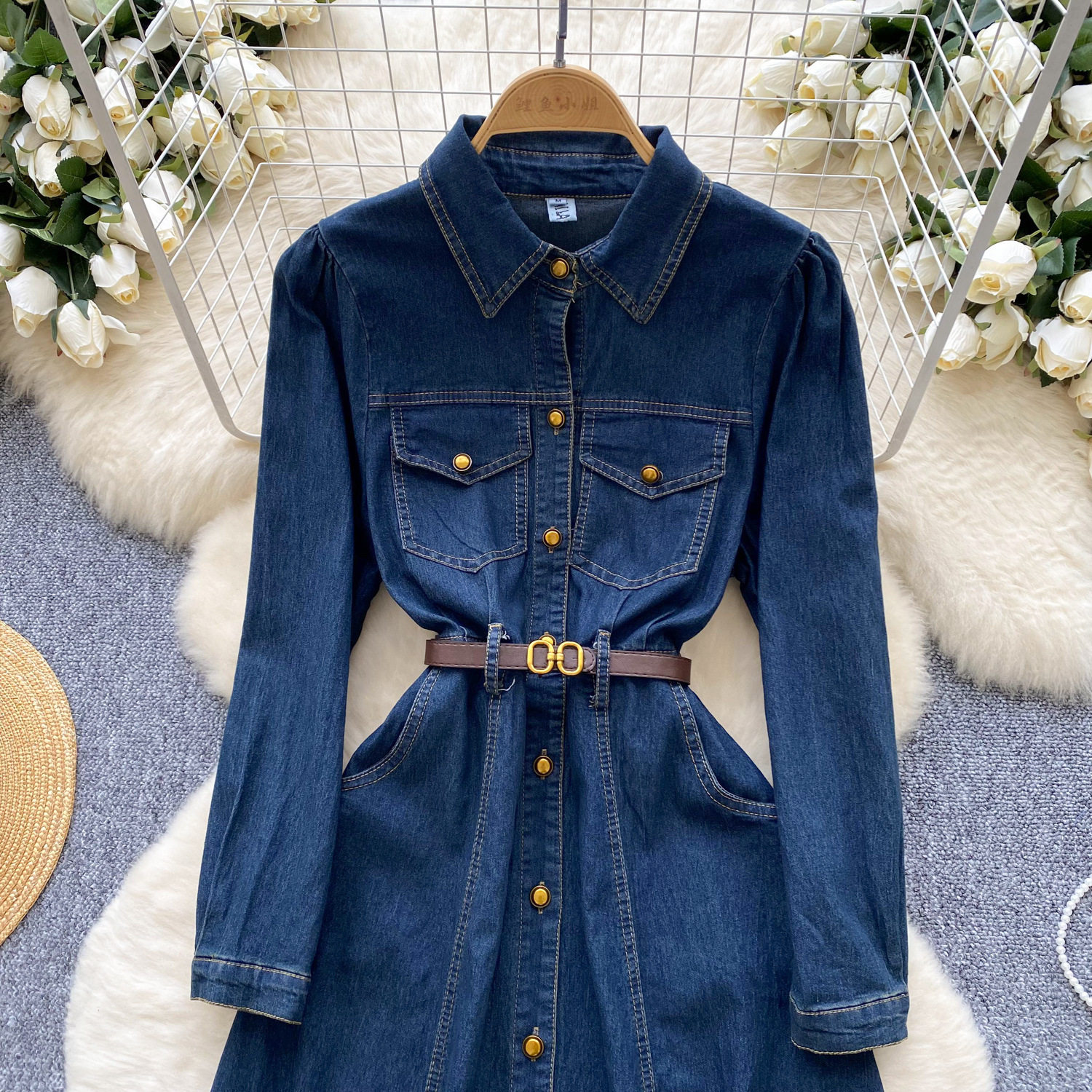 Vintage Style Denim Polo Dress for Women Slim Fit Belted Button Design Elegant Long Dress for Winter Wholesale