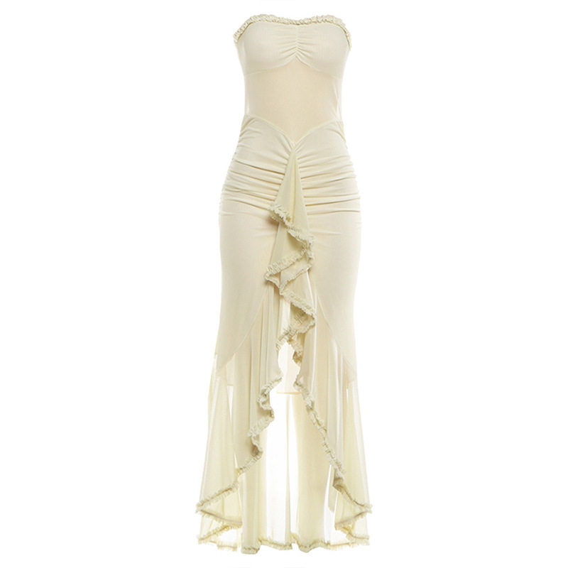 Spring Womens Dress Solid Color Ruffled Hem Sexy Strapless Bodycon Side Slit Perfect for Parties and Events