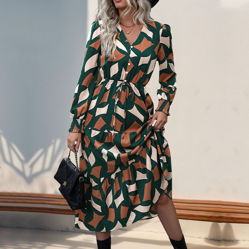 Womens Autumn Dress Irregular Pattern Printed Fabric Casual Style Wholesale Available OEM ODM service