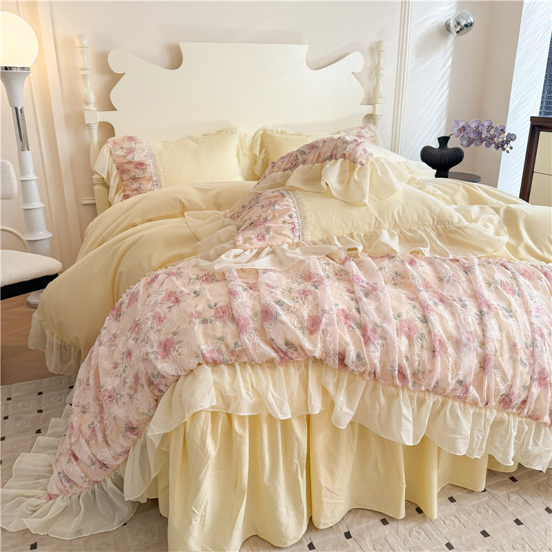 French Princess Style Washing Cotton Bed Four-piece Set Girl's Heart Lace Embroidered Quilt Cover Bed Sheet Three-piece Set