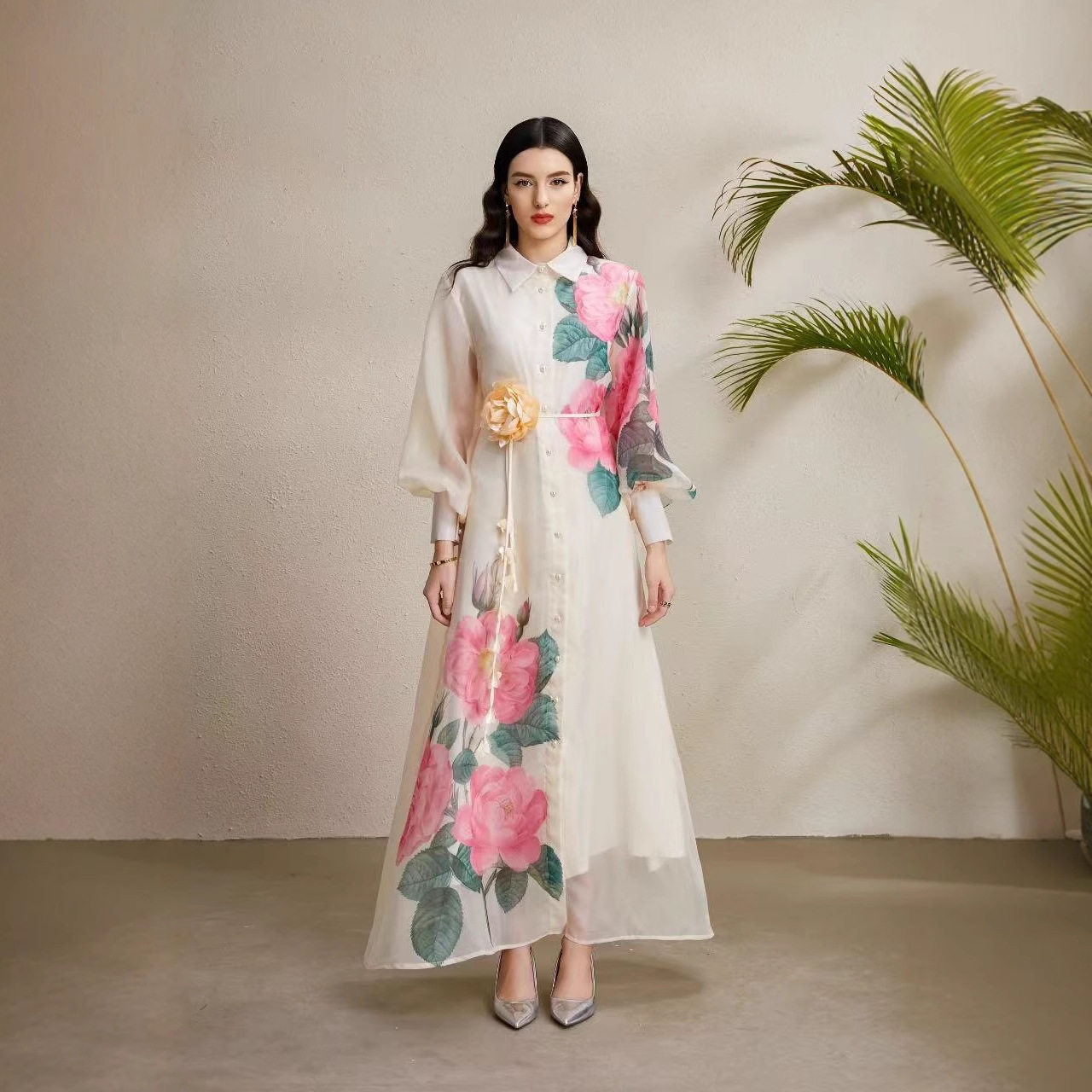 French Court Style Dress Elegant Floral Print Lantern Sleeves Waist Tie Sheer Fabric Perfect for Formal Events
