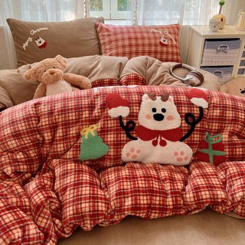 Winter Class a Milk Velvet Four-Piece Set New Cartoon Towel Embroidered Baby Velvet Bed Sheet Quilt Cover Thickened Three-Piece Set