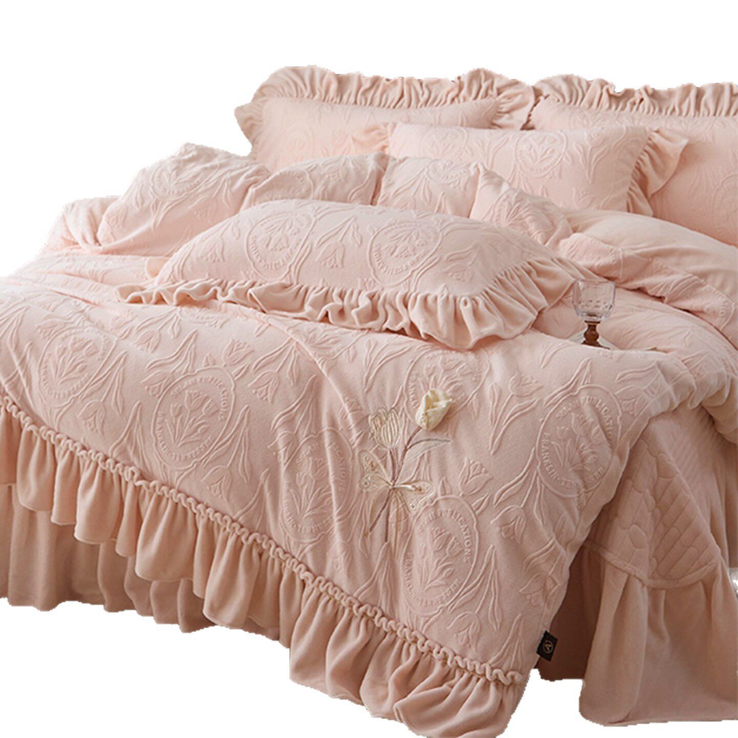 French Princess Style Carved Milk Velvet Four-Piece Bed Cover Winter Thickeneded Baby Velvet Coral Velvet Quilt Cover Bed Skirt a