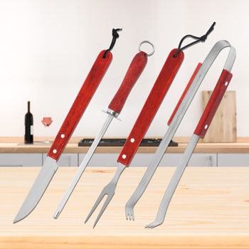 Factory spot stainless steel wooden handle 4-piece barbecue tools BBQ knife and fork clamp sharpening rod combination outdoor camping direct sales