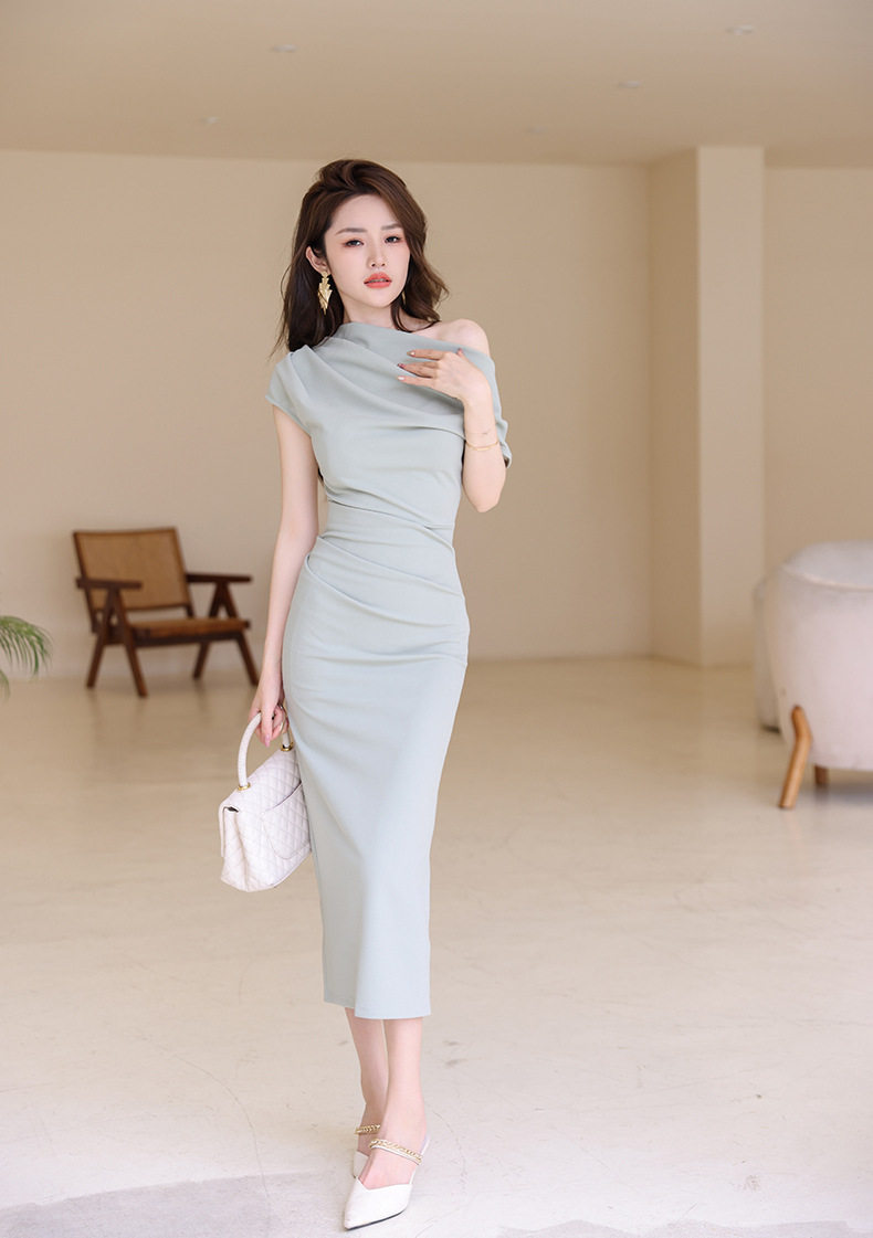 Đầm ôm body nữ dáng dài tay ngắn, cổ chéo, thiết kế eo ôm, phong cách Pháp — [Đen], [Xanh bạc hà], [Màu mơ], [Đỏ rượu vang] chi tiết 31