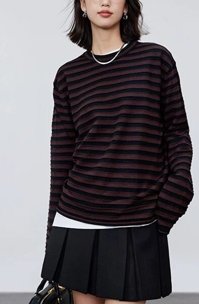 進口chao细美丽诺羊毛 爆款条纹针织衫长袖打底衫上衣