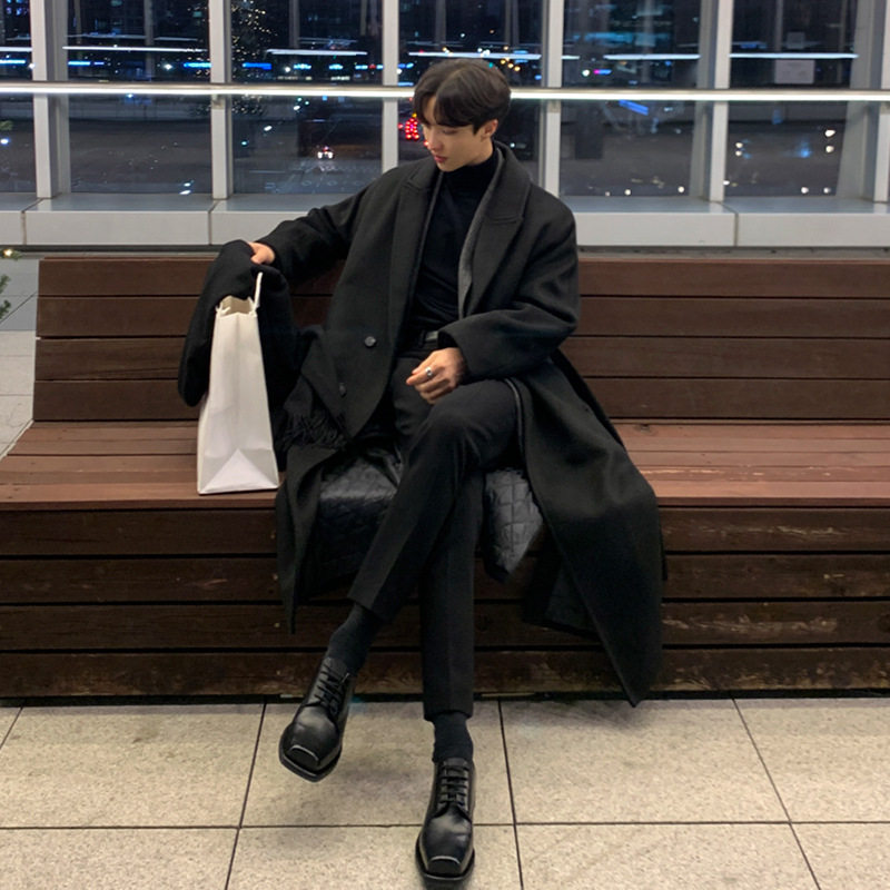 Mens Wool Overcoat Thick Warm Fabric Loose Fit Knee Length Vintage Style for Autumn Winter