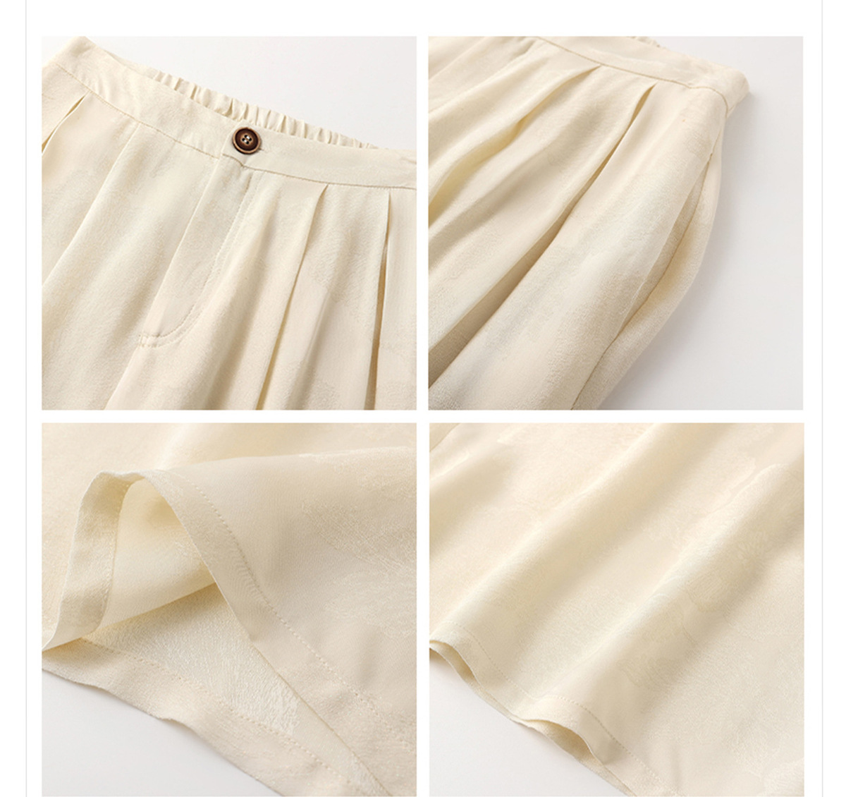 Quần dài ống rộng nữ họa tiết jacquard lụa tơ nhân tạo — Màu trắng nhạt, màu vàng