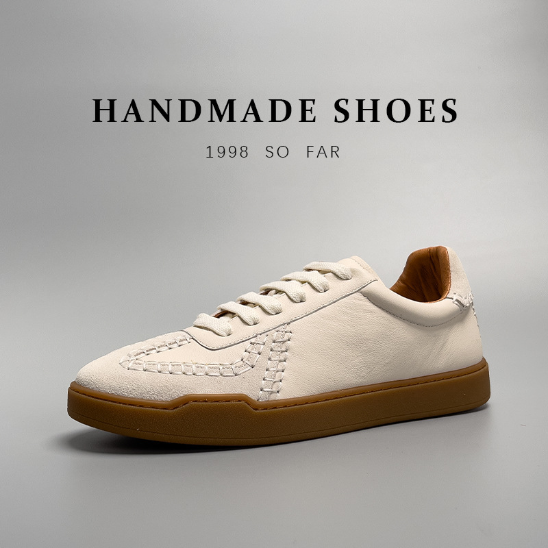 Giày sneaker nam da bò thật cao cấp đế thấp kiểu bóng chày — Màu Be [tỷ lệ chất lượng trên 1000]