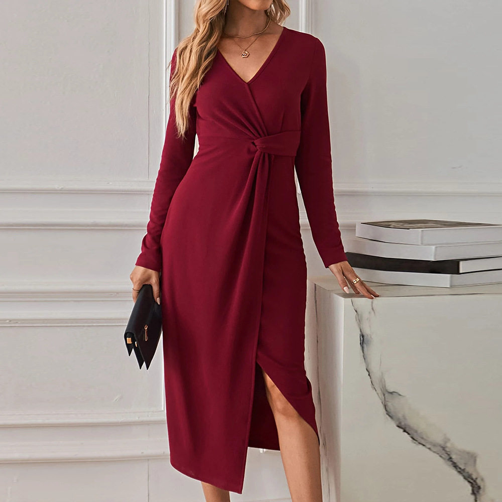 V Neck Midi Dress Elegant Long Sleeve High Slit French Style Perfect for Parties and Events Wholesale Available