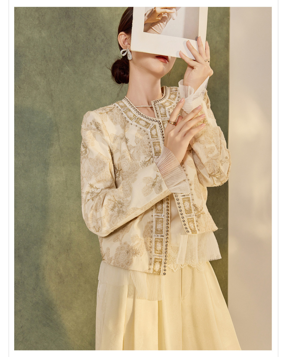 Áo khoác ngắn nữ dáng thanh lịch thêu cườm họa tiết hoa nhún bèo — Vàng Champagne (giao hàng trong 7 ngày), Vàng Champagne (giao hàng trong ngày)