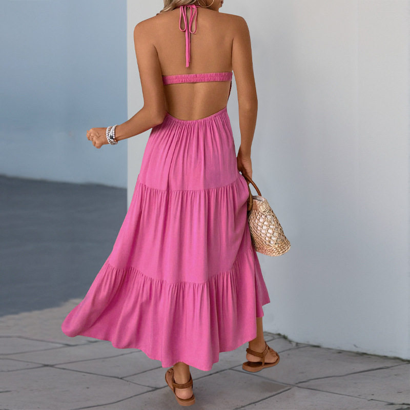 Sweet Pink Halter Neck Dress Color Block Design Beach Vacation Style Perfect for Summer Getaways Wholesale Available