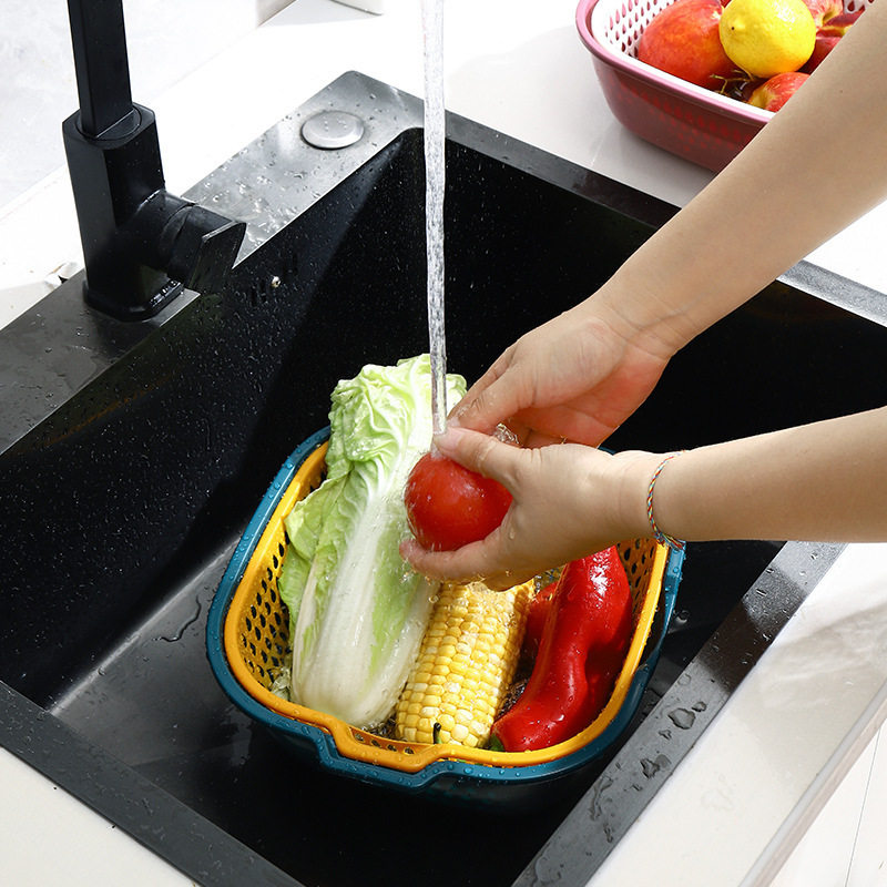 Sink Draining Basket Wholesale Eight-piece Kitchen Household Double-layer Plastic Hollow-out Vegetable Washing Large-size Fruit Draining Basket