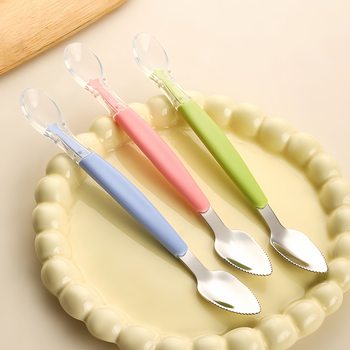304 Stainless Steel Double-Headed Silicone Soft Spoon Wholesale Baby High-Value Complementary Food Feeding Scraper Fruit Puree Spoon