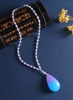 仿蜜蜡渐变紫水滴项链平安扣吊坠无事牌民族风长款毛衣链直播礼品