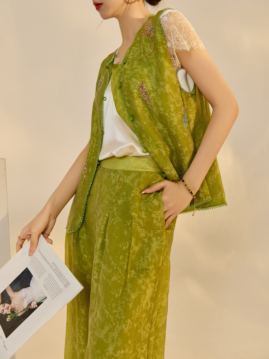 Set gile thêu đính cườm kèm quần dài nữ phong cách thanh lịch — Quần dài màu mơ, Quần dài màu xanh lục, Gi lê màu hồng, Gi lê màu xanh lục