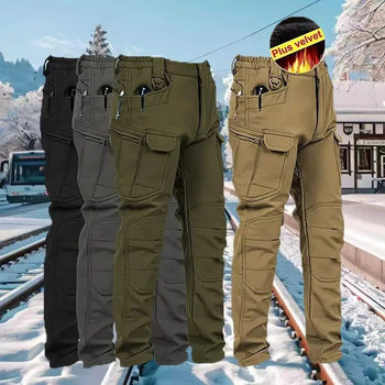 In-Stock Cross-Border Outdoor Fleece-Lined Softshell Pants for Men, Waterproof Autumn and Winter Warm Long Pants, Casual Work Pants, Thickened Hiking Pants
