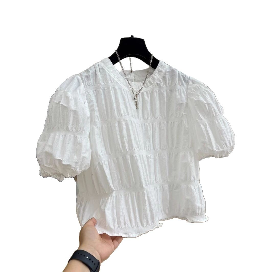 Loose Fit Short Sleeve T Shirt Vintage Style Pleated Design Casual Wear Available in White and Black Wholesale