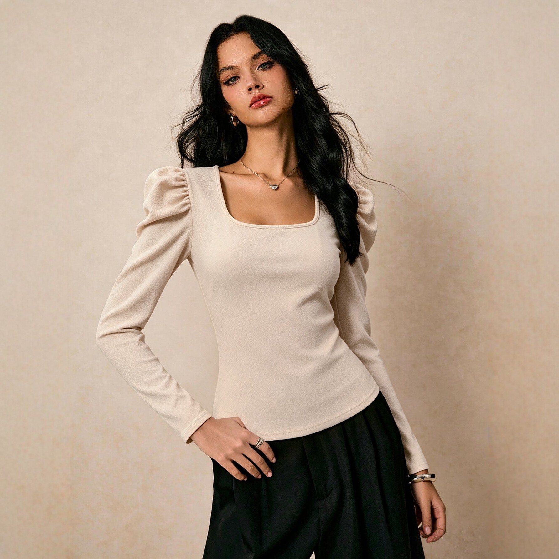 Fashionable Womens Long Sleeve T Shirt Square Neck Ruffled Waist Slim Fit Casual Wear for All Seasons Wholesale