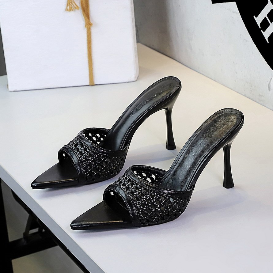Sandal cao gót nữ mũi nhọn hở ngón quai dệt phối đồ thời trang — Màu bạc, Màu be, màu đen, Màu trắng