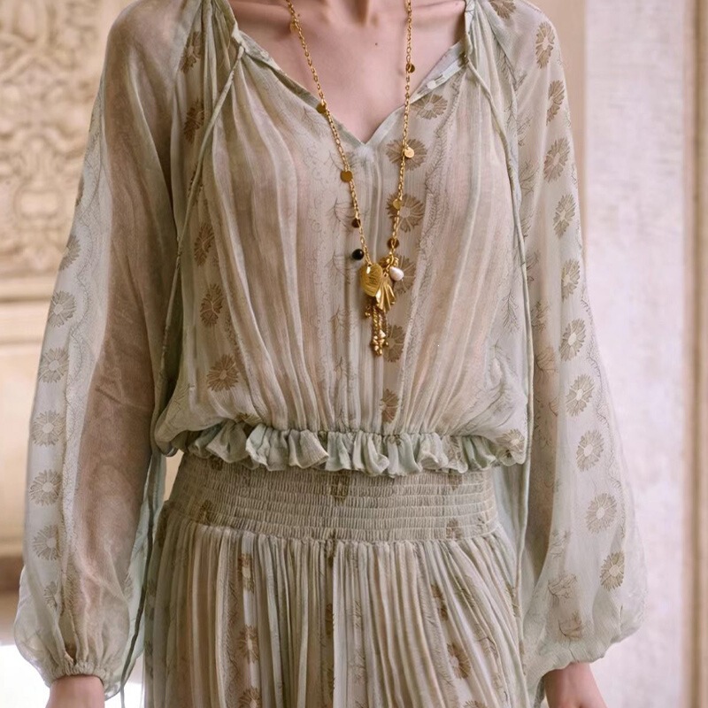 Đầm maxi nữ họa tiết hoa cổ V buộc dây thắt eo dáng suông dài — Ren bạc hà - Tặng kèm dây áo