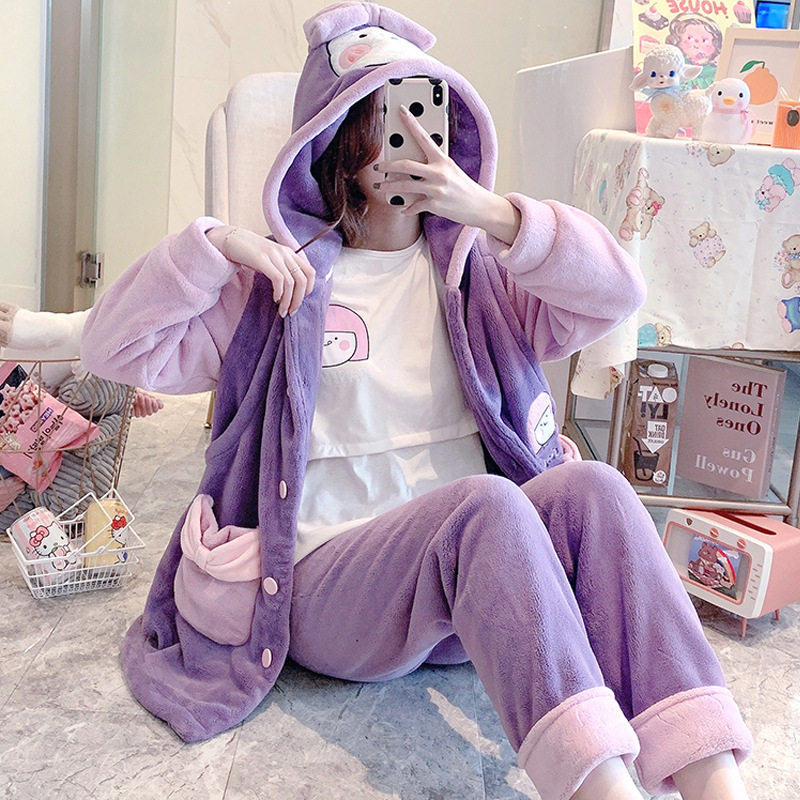 Warm flannel maternity pajamas autumn and winter three-piece confinement clothing coral fleece nursing postpartum homewear