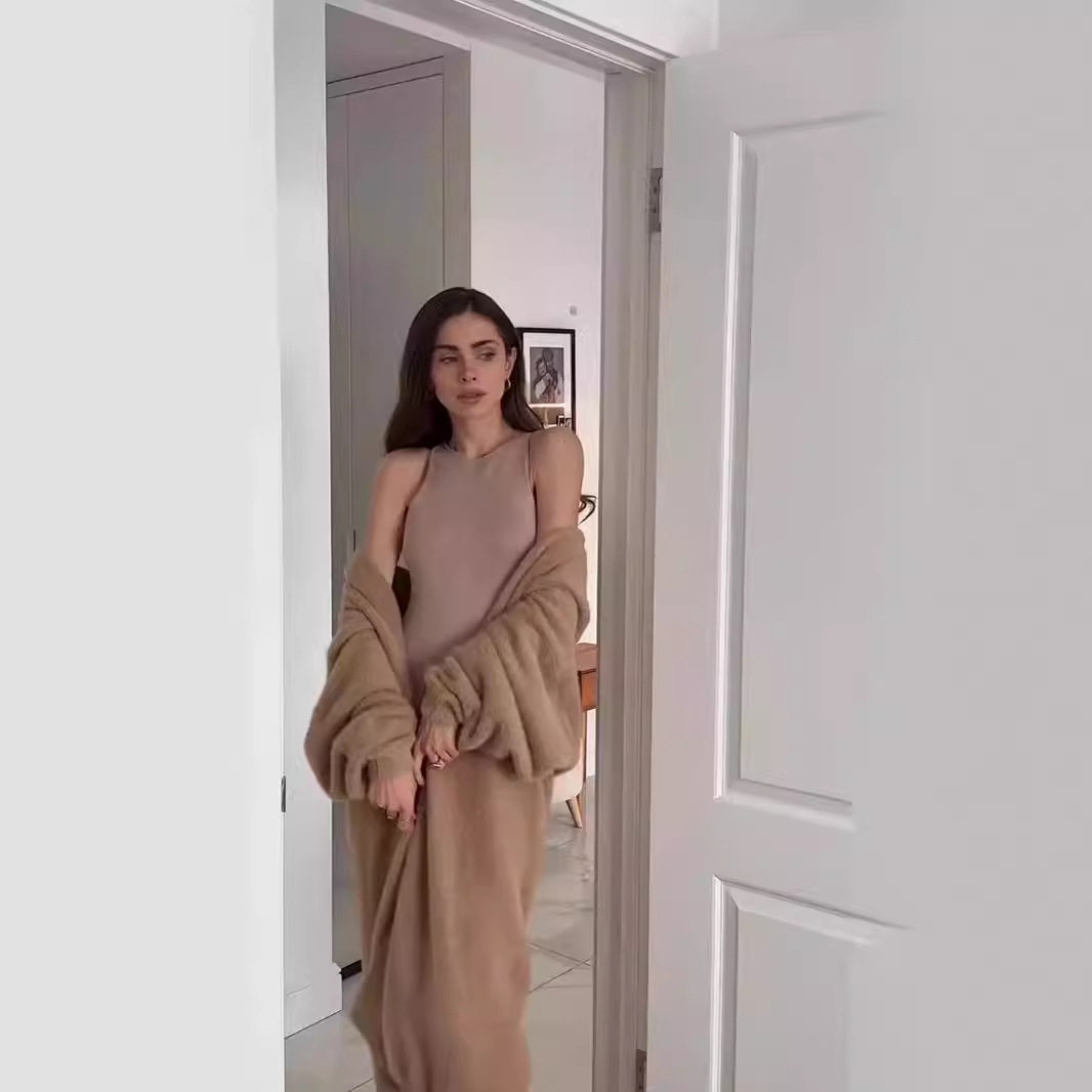 Womens Oversized Long Cardigan and Split Maxi Skirt Set Faux Mink Fabric Cozy Fall Winter Style Wholesale Available