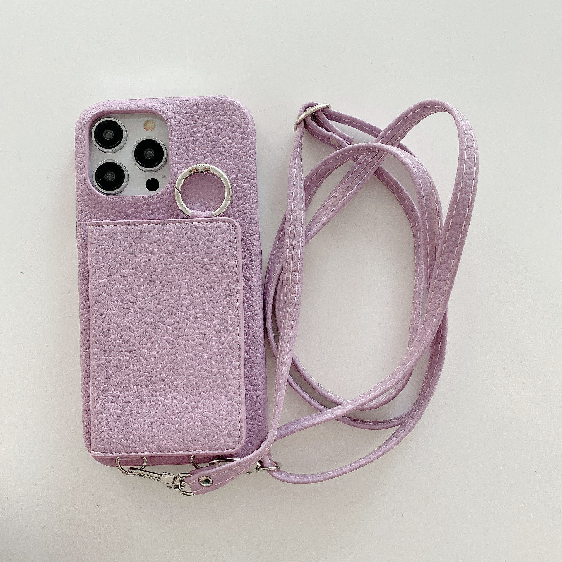 Suitable for iPhone16 Phone Case Apple 15promax Litchi Pattern Left and Right Beauty Makeup Mirror Lanyard Phone Case