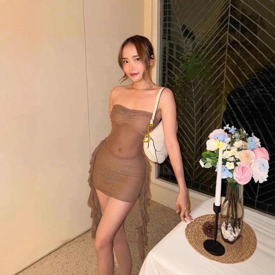 Chic Sheer Mesh Dress Sexy Strapless Design with Starry Rhinestone Accents Perfect for Winter Parties Wholesale