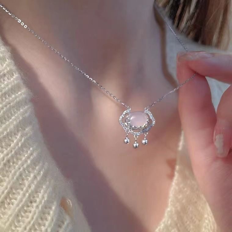 Safety lock necklace women's sterling silver Ruyi Bell Moonstone chalcedony long life lock pendant goddess festival gift for Mother