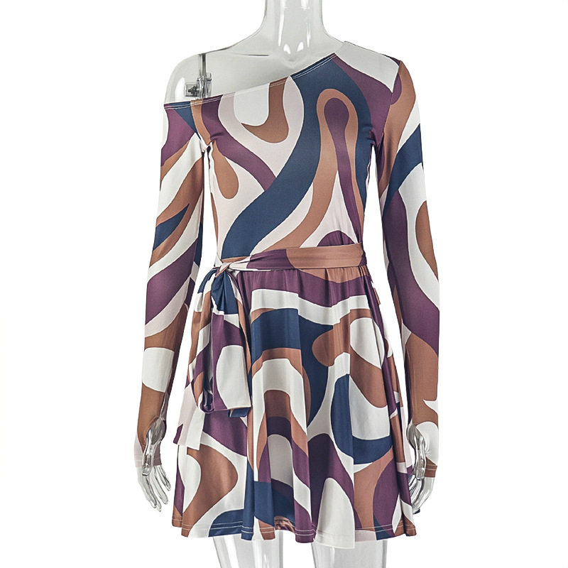 Printed Color Block A Line Dress Slim Fit Off Shoulder Neckline Raglan Sleeves Casual or Party Wear Wholesale