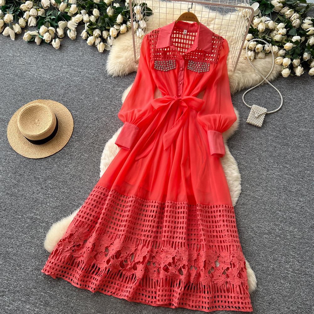 French Style Yellow Hollow Out Lace Up Dress Elegant A Line Silhouette Summer Fashion Office Wear Wholesale Available