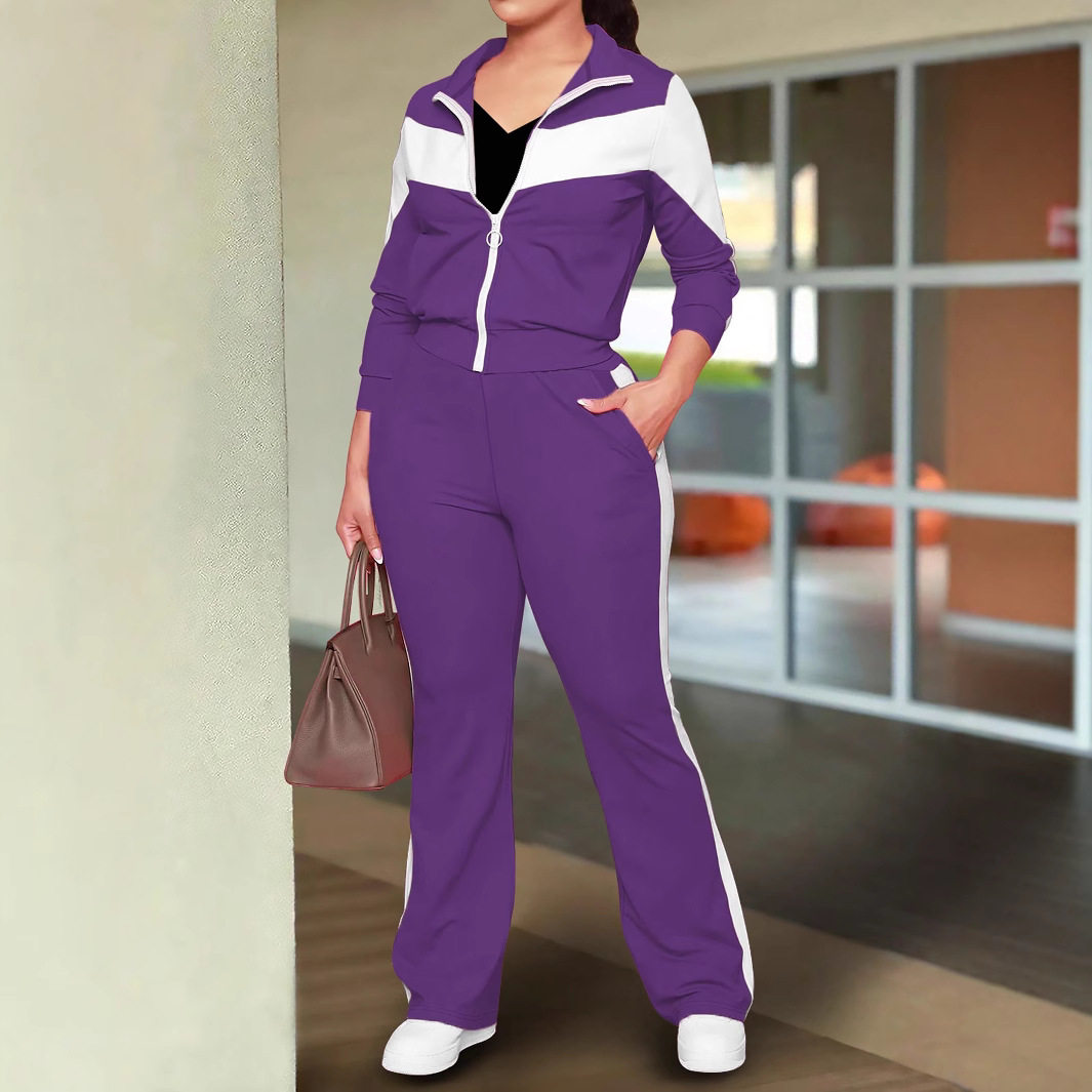 春秋爆款女士套装时尚舒适撞色运动风拉链外套和休闲长裤两件套