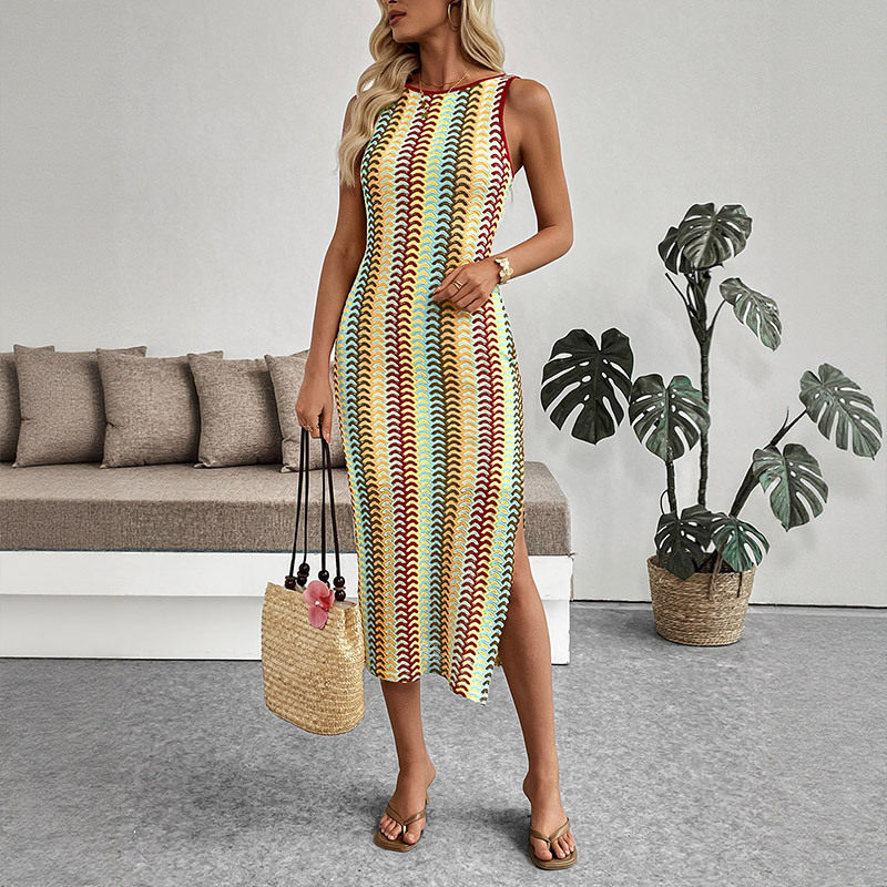 Sleeveless Striped Color Block Bodycon Dress Round Neck Ethnic Style Vacation Wear Wholesale Available