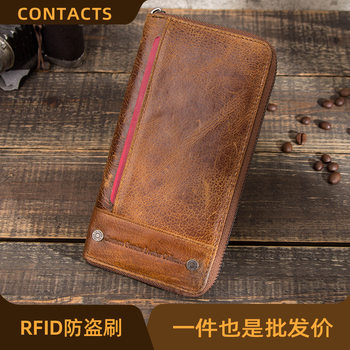 Black Angel Retro Crazy Horse Cowhide Rfid Anti-Theft Brush Men's Wallet Long Multifunctional Genuine Leather Men's Zipper Bag