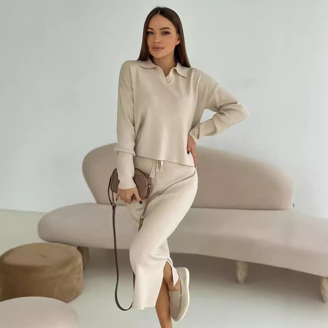 Knitted Two Piece Set Soft Chenille Yarn Split Sweater Tied Midi Skirt Autumn Winter Fashion Wholesale Available