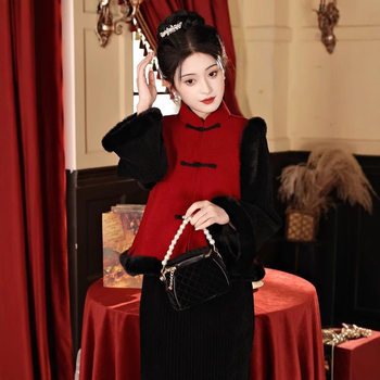 Black Cheongsam suit Autumn and Winter fleece-lined Thick New Year's Day Gown Women's Adult New Year's Day Hanfu Tang Suit National Style Vest Jacket