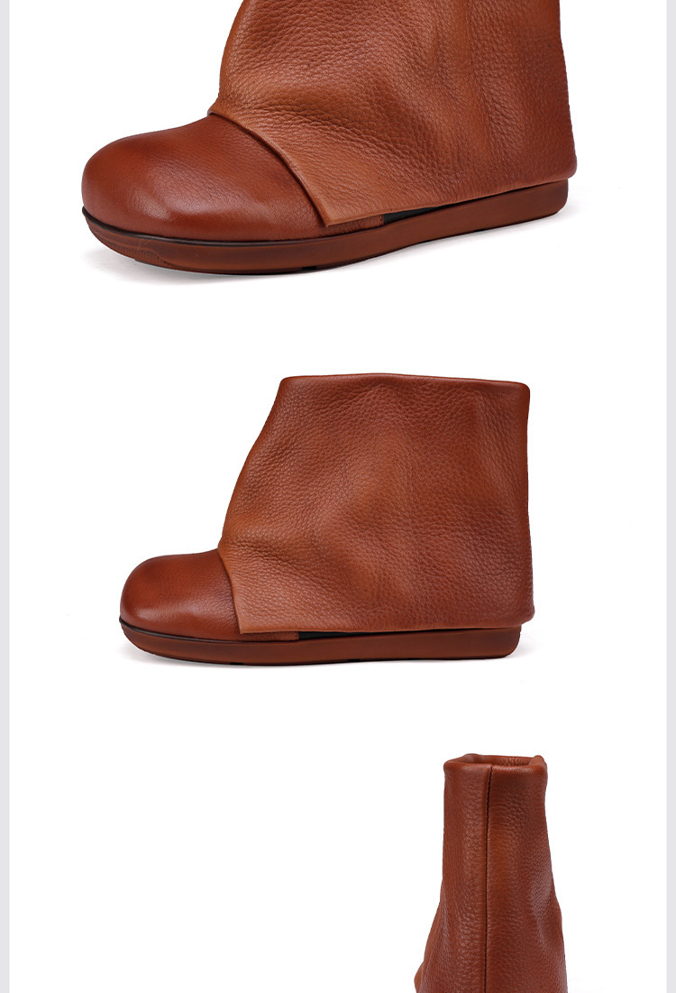 Boot nữ cổ ngắn da bò thật đế bằng mũi tròn phong cách cổ điển — màu đen, Màu nâu